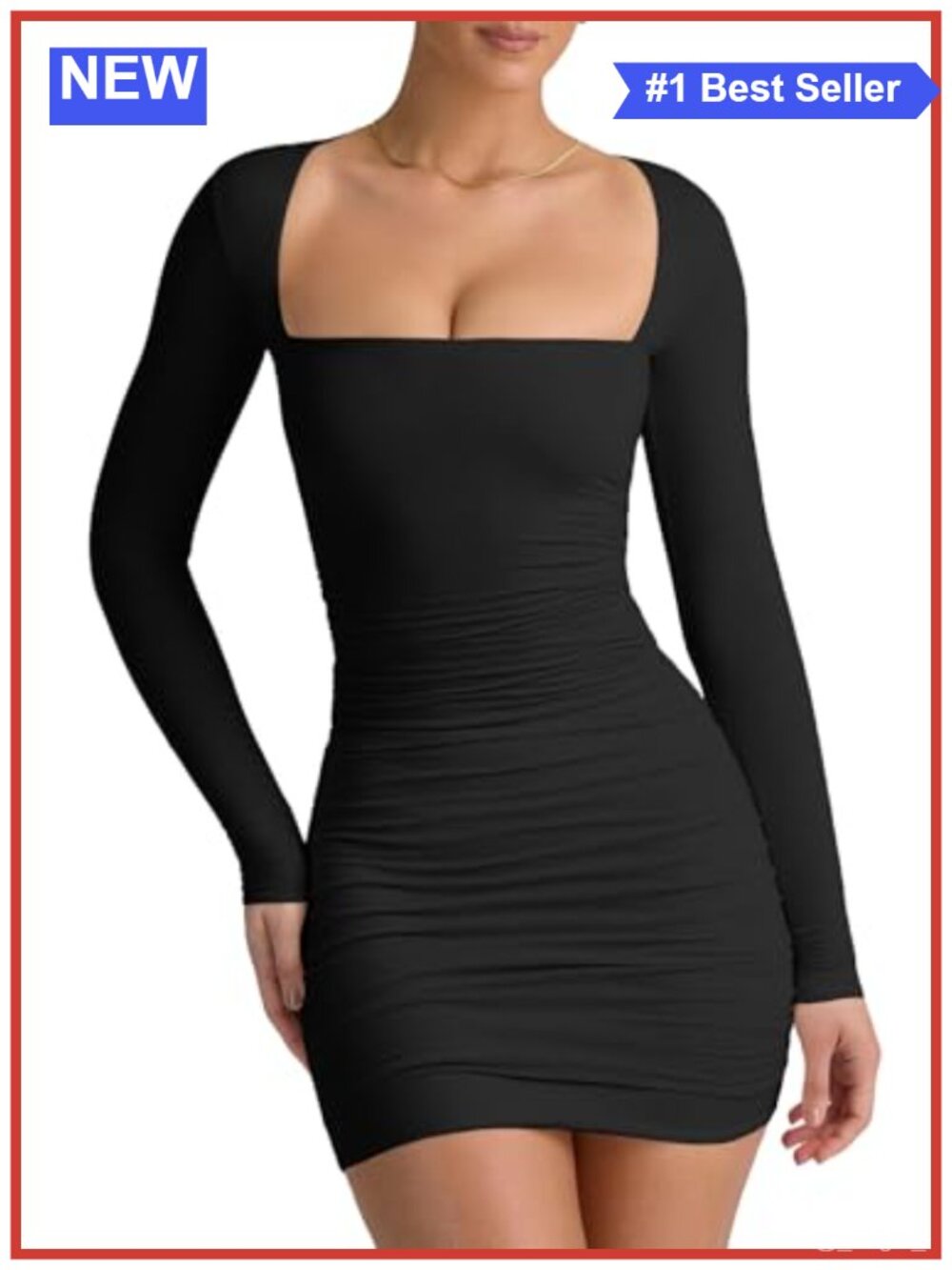 Square Neck Ruched Bodycon Mini Dress Long Sleeve Party Club